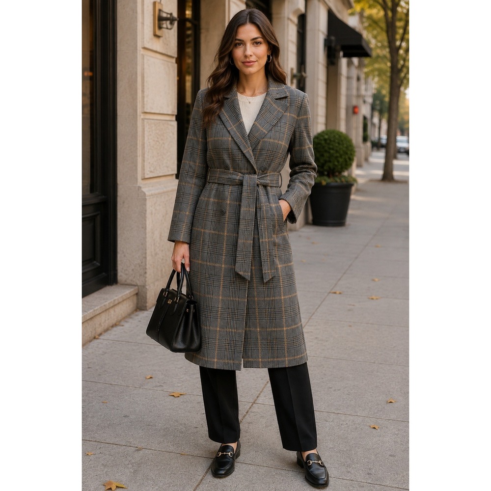 Lovers + Friends Plaid Belted Longline Coat Metallic Gray Tan XS Revolve NWOT